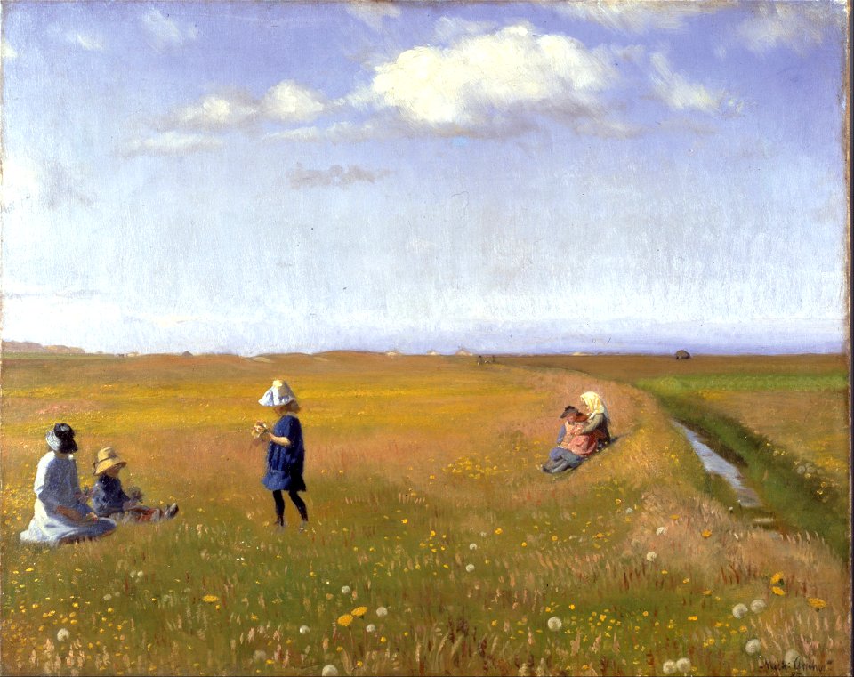 Michael Ancher - Children and young girls picking flowers in a field north of Skagen - Google Art Project. Free illustration for personal and commercial use.