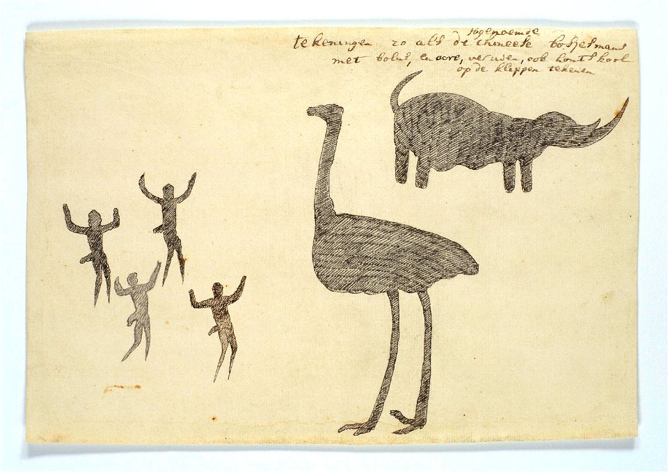 Neushoorn, struisvogel en vier figuurtjes