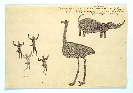 Neushoorn, struisvogel en vier figuurtjes