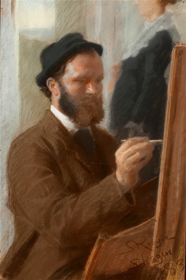 Michael Ancher maler portrættet af Anna, stående i døren