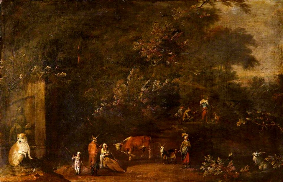 Netherlandish School - A Wooded Landscape with Herdsmen, Cattle and Goats Watched Over by a Dog by a Monument - 1257193 - National Trust