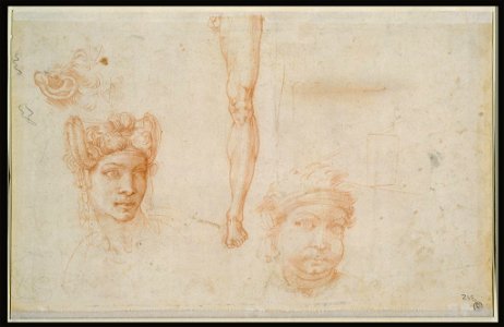 Michelangelo - Ear and Two Eyes, Woman’s Head with Plaited Hair, Leg Study, Head with Bandage, Scheme of the Pyramid of Vision, ca. 1525, 392
