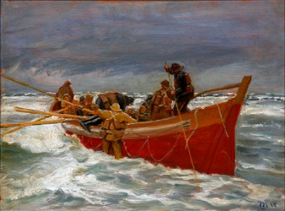 Michael Ancher - Den røde redningsbåd sejler ud. Free illustration for personal and commercial use.