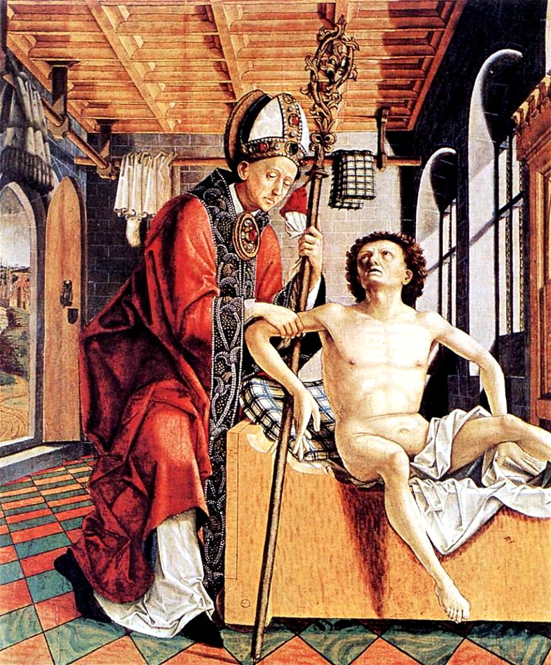 Michael Pacher - Altarpiece of the Church Fathers - St Augustine Liberating a Prisoner - WGA16814