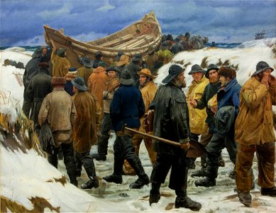 Michael Ancher - The Lifeboat is Taken through the Dunes - Google Art Project. Free illustration for personal and commercial use.