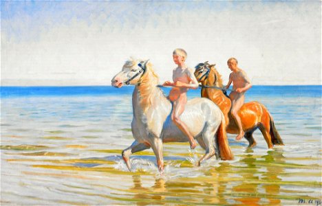 Michael Ancher - Drenge ride Heste til Vands. Skagen 1900. Free illustration for personal and commercial use.