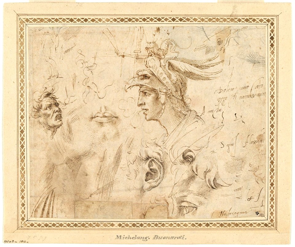 Michelangelo - Studienblatt. u. a. mit behelmtem Kopf, weiteren Kopfstudien und Schriftproben, um 1504