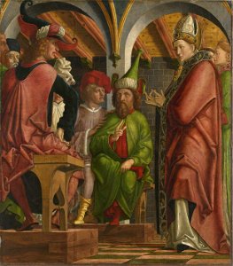 Michael Pacher - Kirchenväteraltar, Flügelaußenseite, Disputation des hl. Augustinus mit den Häretikern - 2600 A - Bavarian State Painting Collections