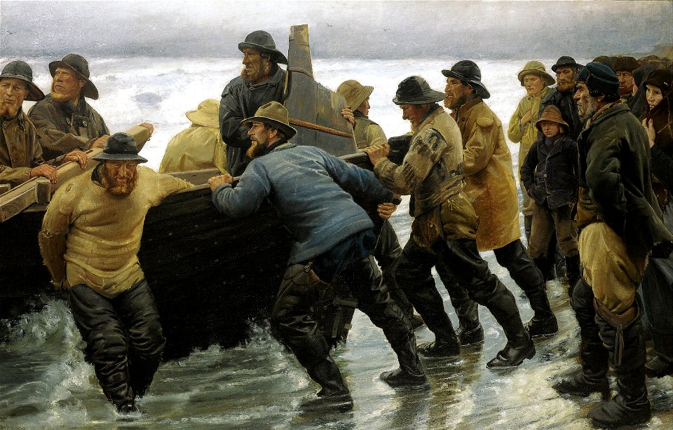 Michael Ancher - Fishermen launching a rowing boat - Google Art Project