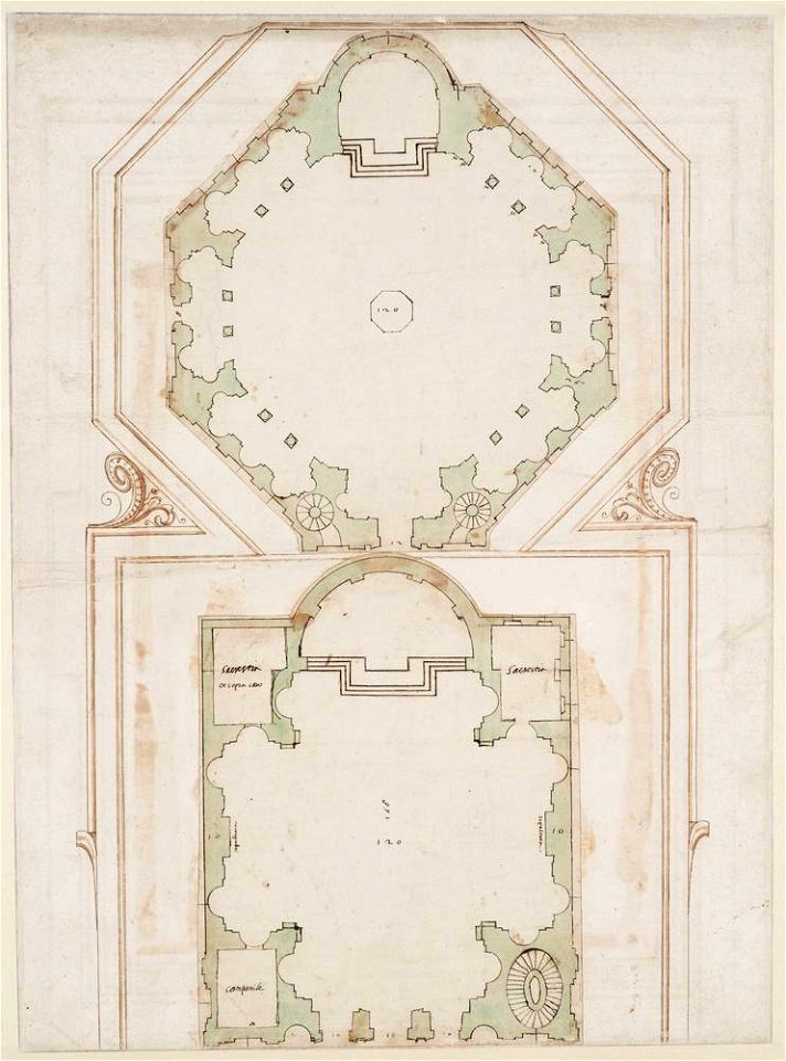 Michelangelo - Aufriss einer Nischenarchitektur mit dem Wappen der Medici (recto; Michelangelo und Mitarbeiter ()), C 49, v