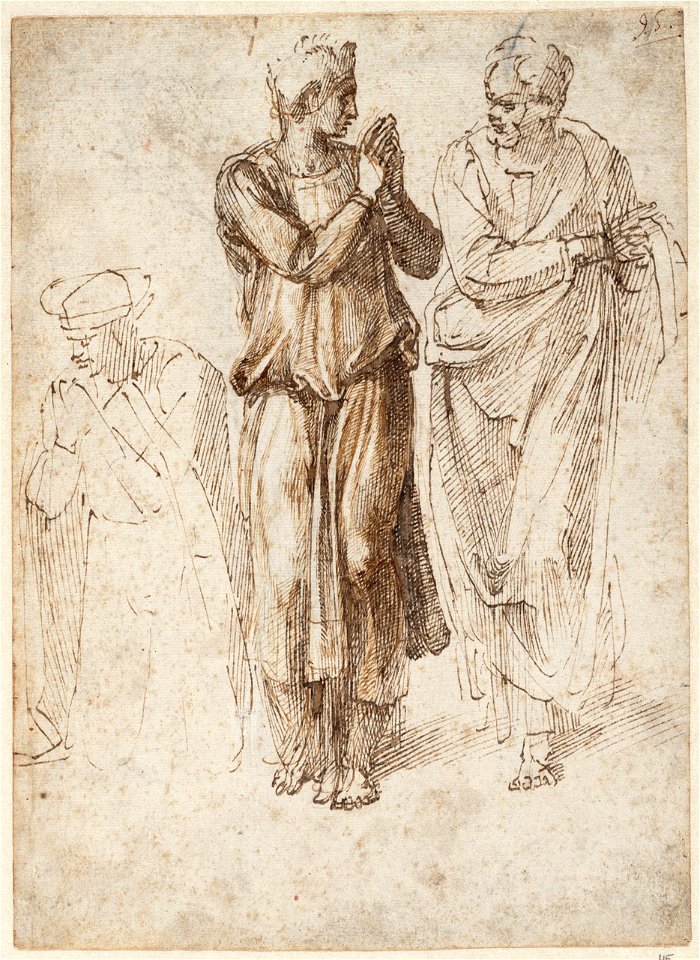Michelangelo - Drie gekleede figuren, de handen gevouwen, linker figuur geknield, de anderen staand, A 022 recto