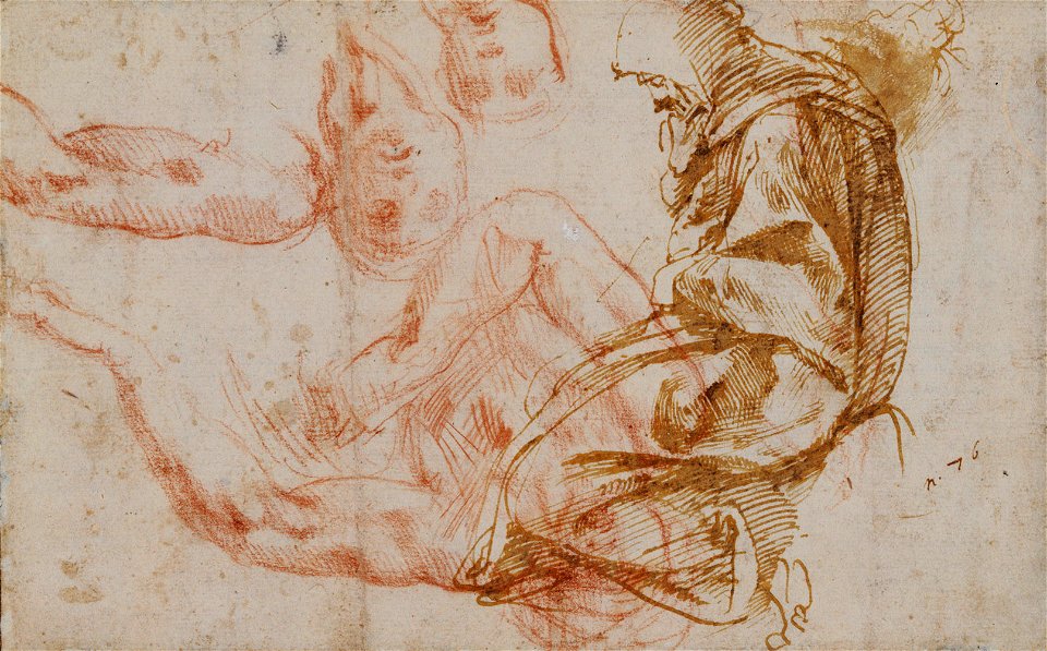 Michelangelo - Recto Studies of a recumbent male figure and a seated hooded figure, RCIN 912763