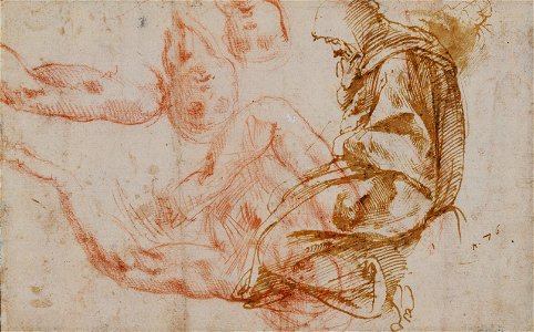 Michelangelo - Recto Studies of a recumbent male figure and a seated hooded figure, RCIN 912763. Free illustration for personal and commercial use.