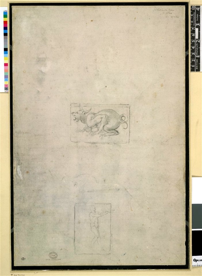 Michelangelo - Verso A grotesque, fabulous monster; a nude man holding a dish, 1895,0915.501