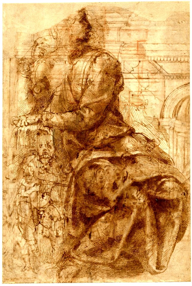 Michelangelo - A seated prophet or sibyl with a child or putto; the ground plan of a chapel; mouldings of cornices. c. 1520-5, 1887,0502.115