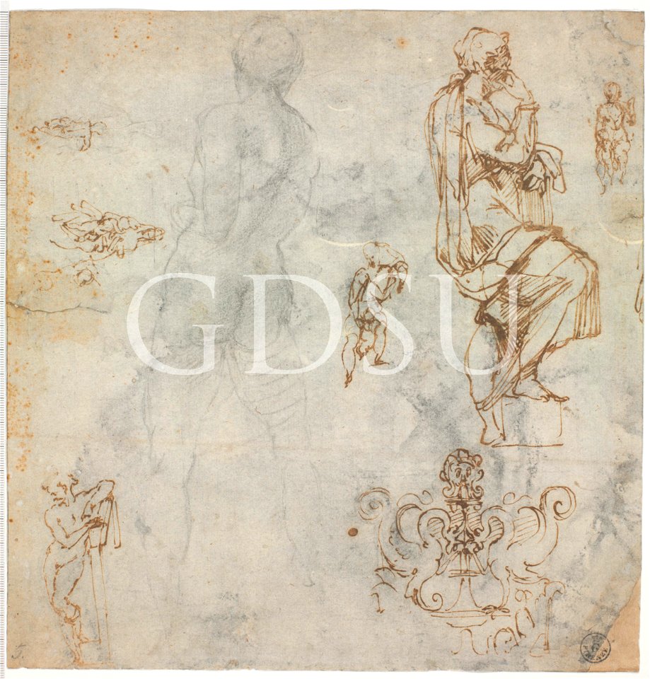Michelangelo - inv. 233 F r., Foglio di studi per gli Apostoli, la Battaglia di Cascina, la Madonna di Bruges e un elemento architettonico
