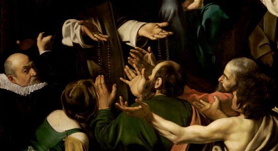 Michelangelo Merisi, called Caravaggio - Madonna of the Rosary - Google Art Project crop1. Free illustration for personal and commercial use.