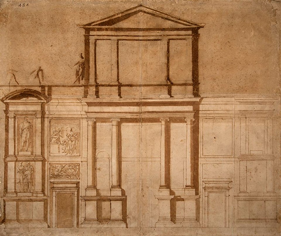 Michelangelo Buonarroti (Italian, 1475–1564), with additions and restorations. Demonstration Drawing for the First Design of the Facade of San Lorenzo. Pen and brown ink, brush and two hues of brown wash, over underdrawing