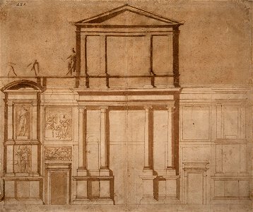 Michelangelo Buonarroti (Italian, 1475–1564), with additions and restorations. Demonstration Drawing for the First Design of the Facade of San Lorenzo. Pen and brown ink, brush and two hues of brown wash, over underdrawing