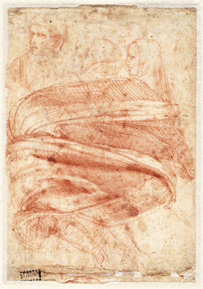 Michelangelo - Studie van buigende vrouw, vijf hoofden (naar Giotto), A 025 verso