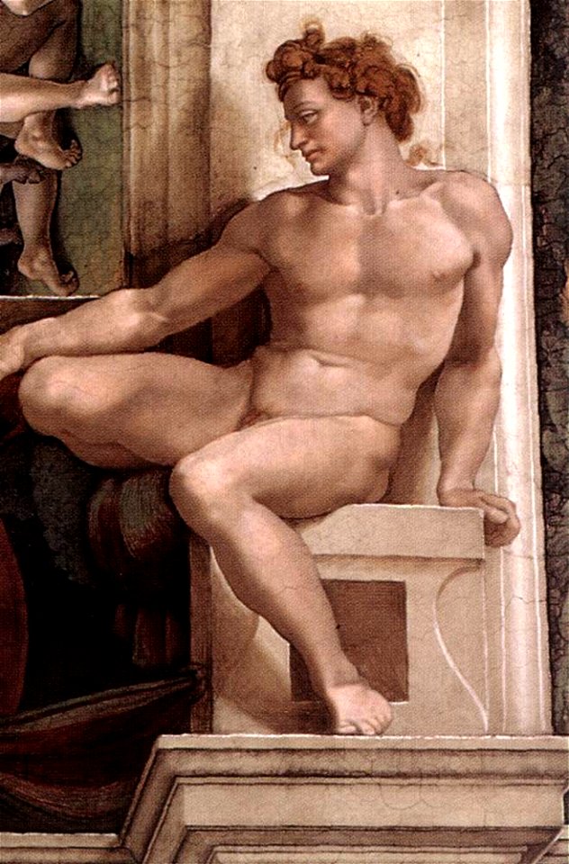 Michelangelo Sistine Chapel - Ignudo above Erythraean Sibyl