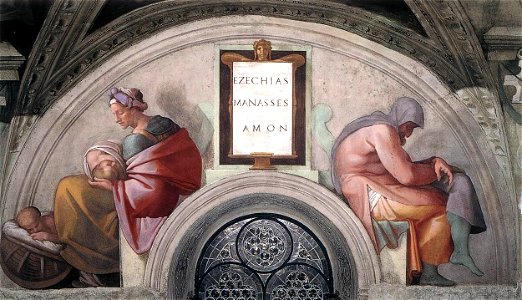 Michelangelo - Sistine Chapel ceiling - Lunette Hezekiah - Manasseh - Amon