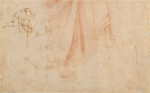 Michelangelo - Verso Lower half of a standing draped figure and a crouching nude. circa 1525, RCIN 912763