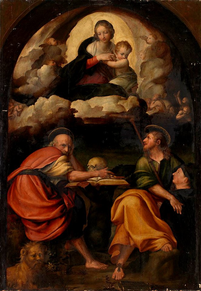 Michelangelo Anselmi (^) - Maria mit Kind in der Glorie, den hll. Hieronymus und Jakobus mit Stifter - WAF 161 - Bavarian State Painting Collections