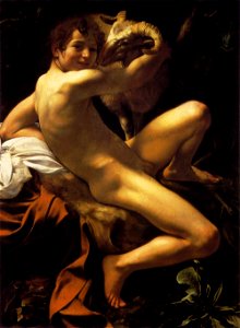 Michelangelo Merisi da Caravaggio, Saint John the Baptist (Youth with a Ram) (c. 1602, WGA04111). Free illustration for personal and commercial use.