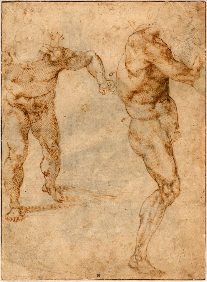 Michelangelo Buonarroti - Two Nude Studies of a Man Storming Forward and Another Turning to the Right (verso), c. 1504 - Google Art Project