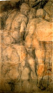 Michelangelo Buonarroti (Italian, 1475–1564). Roman Soldiers, Cartoon Fragment for the Lower Left Part of the Crucifixion of Saint Peter in the Pauline Chapel. Charcoal, with some black chalk, on approximately nineteen she
