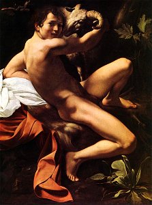 Michelangelo Merisi da Caravaggio, Saint John the Baptist (Youth with a Ram) (c. 1602, WGA04112). Free illustration for personal and commercial use.