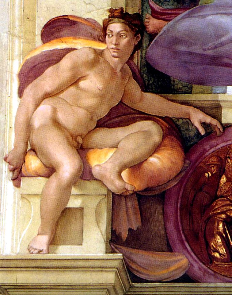 Michelangelo Sistine Chapel - Ignudo above Cumaean Sibyl - restored