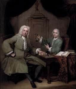 Michiel de Roode (1685-1771) and Jan Punt (1711-1779), holding a miniature portrait of Joost van den Vondel by Jan Maurits Quinkhard