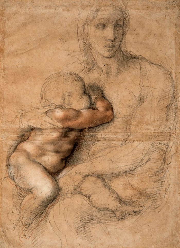 Michelangelo Buonarroti (Italian, 1475–1564), with slight retouching by a later hand in pen and ink. Unfinished Cartoon of the Virgin and Child. Black chalk, red chalk, traces of brush and brown wash, with lead-white gouac