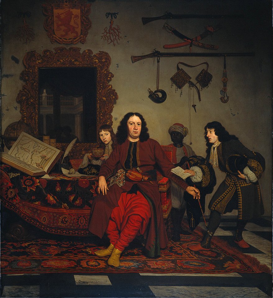Michiel van Musscher - Portret van Thomas Hees (1634-1692) met zijn neven Jan (geboren 1662-63) en Andries (geboren 1669-70) Hees, en zijn bediende Thomas - 748 - Rijksmuseum