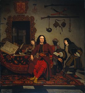 Michiel van Musscher - Portret van Thomas Hees (1634-1692) met zijn neven Jan (geboren 1662-63) en Andries (geboren 1669-70) Hees, en zijn bediende Thomas - 748 - Rijksmuseum. Free illustration for personal and commercial use.