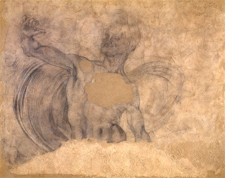 Michelangelo Buonarroti (Italian, 1475–1564). Mural Fragment of a Male Nude in Three-Quarter Length (Triton or Satyr). Charcoal on rough porous plaster. Sernesi Family, Villa Michelangiolo, Settignano
