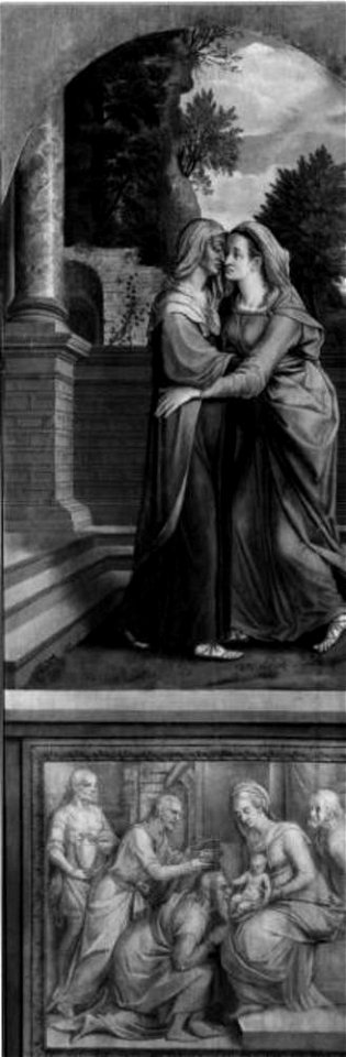 Michiel Coxie (I) - De visitatie met een reliëf van de aanbidding der koningen (Lucas 11-39-42, Mattheüs 2-1-12) - P001470 - Museo del Prado