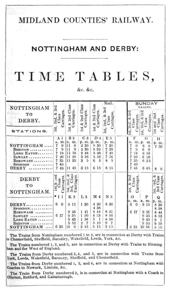 Midland Counties' Railway timetable 1840. Nottingham and Derby