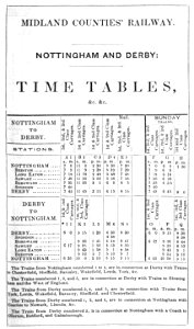 Midland Counties' Railway timetable 1840. Nottingham and Derby