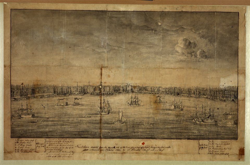 New Orleans, sketched from the opposite side of the river upon a mast of a vessel during a very low water - sketched in October 1839 by S. Pinistri, arch't. and civil engr. LCCN2004662452