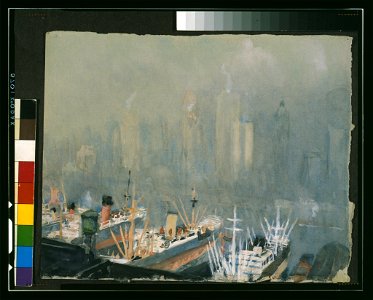 New York City skyline from Brooklyn Harbor, ships docked in foreground LCCN97517289
