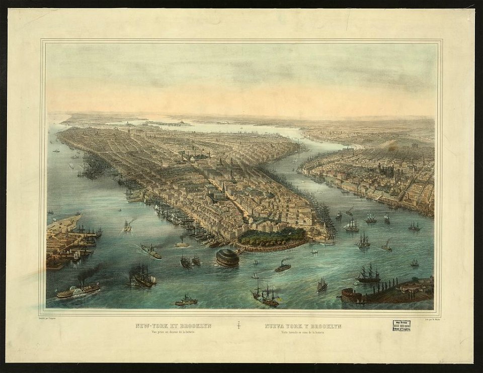 New York et Brooklyn-Vue prise au dessus de la batterie - dessiné par Simpson ; lith. par Th. Muller. LCCN97507013