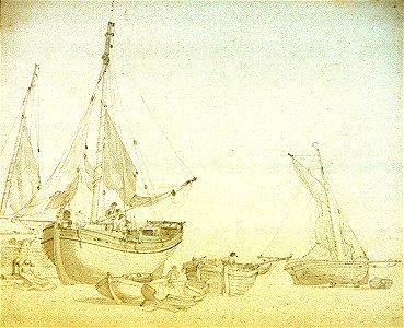 Nicholas Pocock - Men working on beached fishing vessels