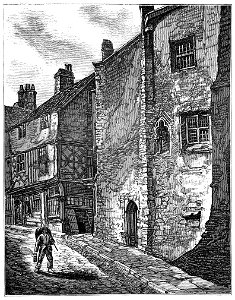 Newgate in late C18 showing almsbox for poor prisoners, Bristol. Free illustration for personal and commercial use.
