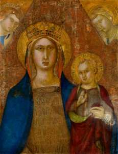 Niccolò di ser Sozzo - La Virgen con el Niño y dos ángeles, c. 1350. Free illustration for personal and commercial use.
