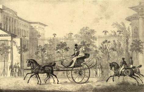 Nicholas I with wife in carriage near Anichkov palace by anonymous (1820s)