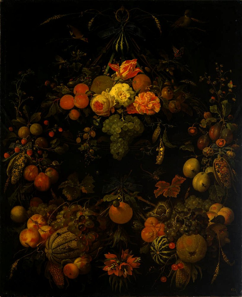 Abraham Mignon - Fruit garlands on blue ribbons