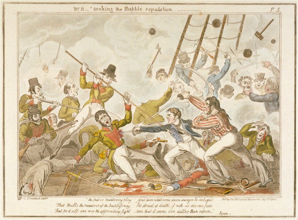 Midshipman Blockhead, Mr B seeking the Bubble reputation (caricature) RMG PU4725